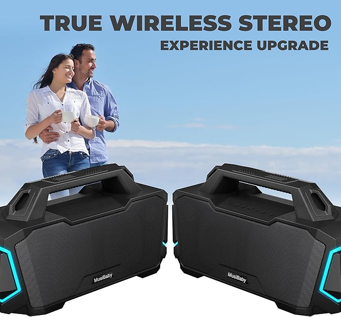 Bluetooth Speaker,Musibaby M1 Portable Bluetooth Speakers:Loud Stereo Sound with Subwoofer,Deep Bass,IPX6 Waterproof,Wireless Speaker with BT5.3,Dual Pairing,20H+ Playtime for Outdoor,Beach(Blk)