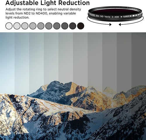 ALILUSSO 52mm Variable ND2-ND400 Filter with Upgraded Phone Clip, Neutral Density Filter Lens for iPhone 16/15/14/13 Pro Max Samsung Moto Google TCL, HD Double-Sided Multi-Coated Glass