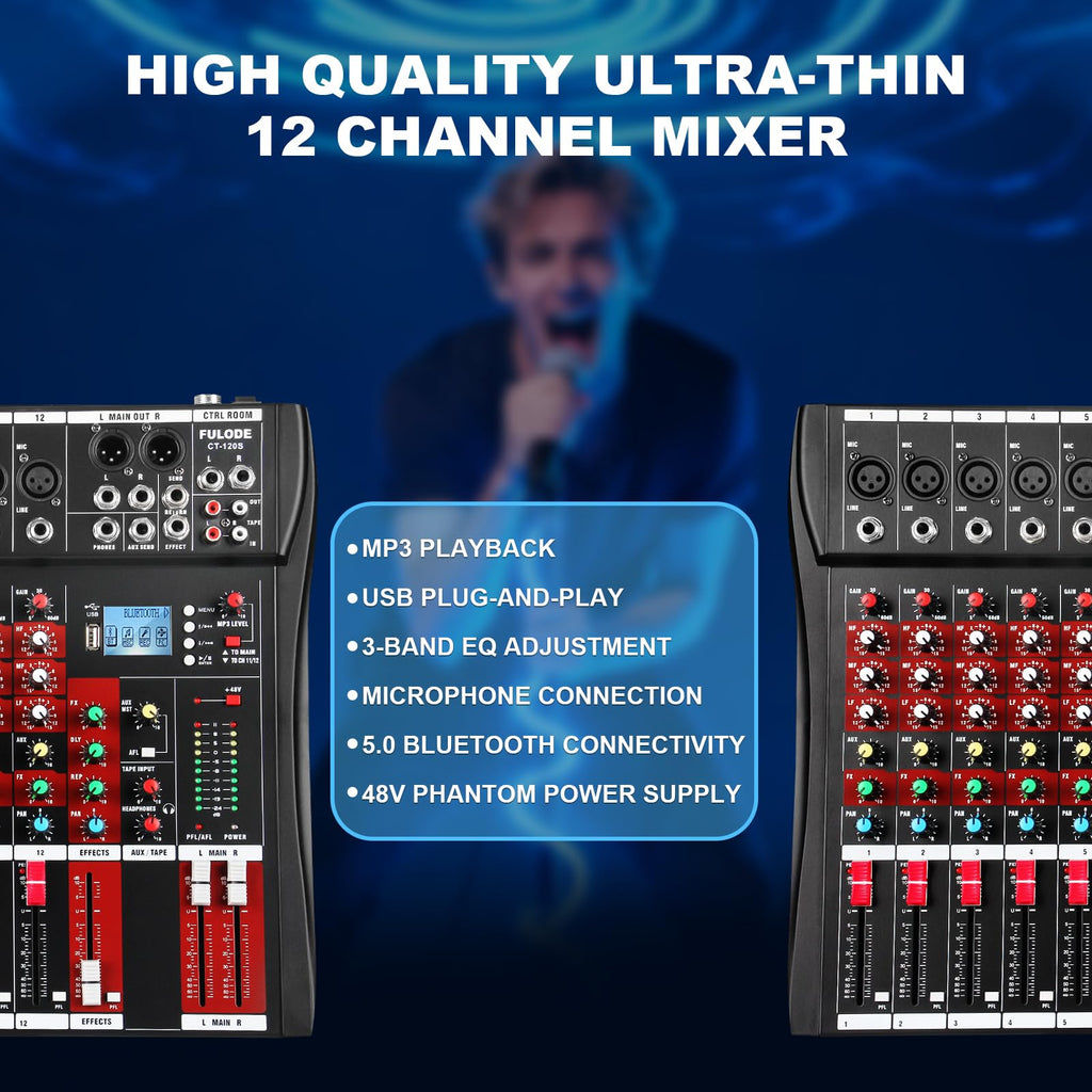 FULODE 12 Channel Audio Mixer, Professional Music Mixer Board DJ Mixing Console with Bluetooth, USB/MP3 Player, Reverb, and 48V Phantom Power for Studio Recording, Karaoke, and Live Performances