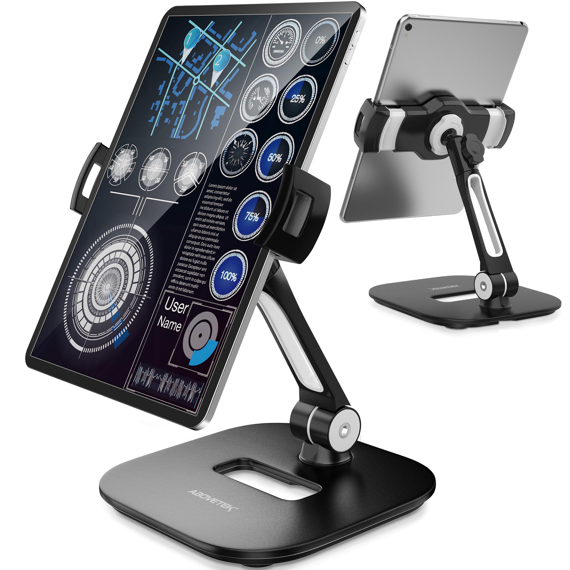 AboveTEK Tablet Stand Holder, Stylish Aluminum iPad Stands, Foldable 360° Swivel Table Stand Holder fits 4-11" Tablets/Smartphones for Kitchen Bedside Office POS Showroom Reception (Black)