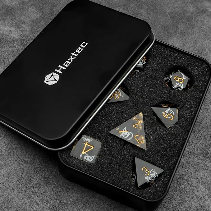 Haxtec Sticker Sharp Edge Dice Halloween Dice Resin DND Dice Set 7PCS Glow in The Dark Polyhedral D&D Dice for Compatible with Dungeons and Dragons