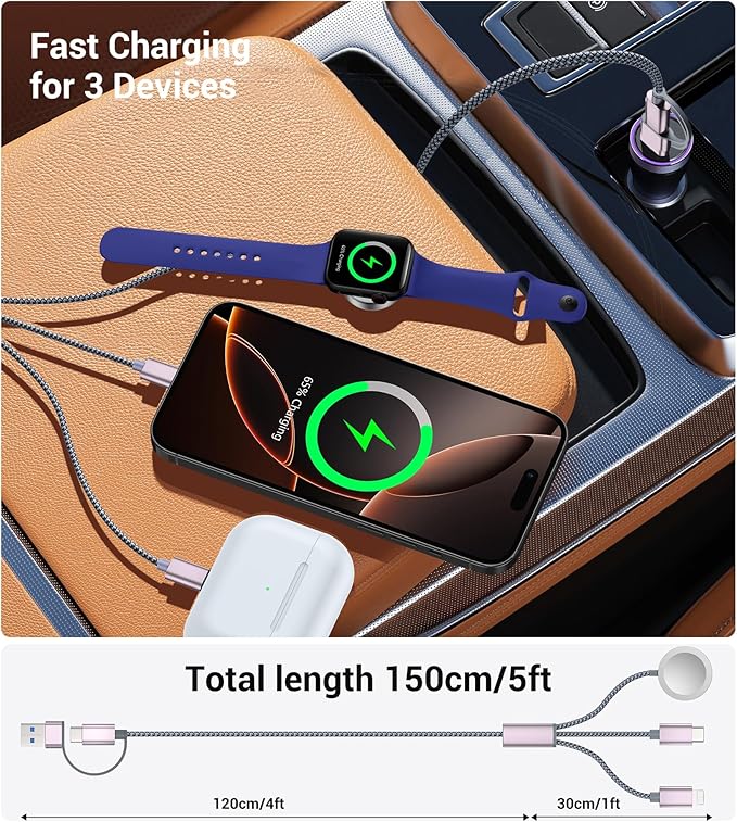 Temdan for Travel Vacation Essentials,3 in 2 USB C Cable for Apple Watch Charger/iPhone 16 Charger/Lightning,Multi Charging Cable Cord,Camping Essentials,Portable Designed for iWatch &iPhone 16-12-5FT