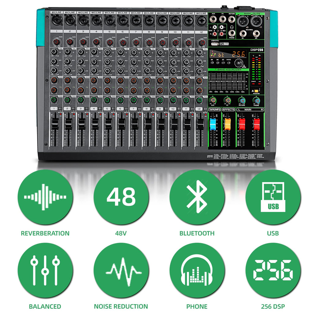 Depusheng PA12 Professional Audio Mixer Sound Board Console Desk System Interface 12 Channel Digital USB Bluetooth MP3 Computer Input 48V Phantom Power Built-in 256 Reverb Effect, Black