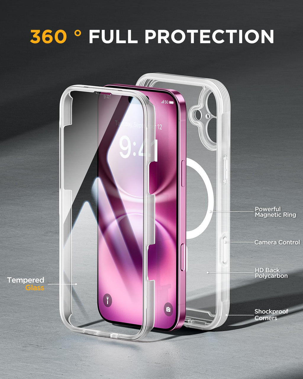 Miracase for iPhone 16 Case 6.1'', [Bubble Free] Full-Body Bumper Phone case with Built-in Full Glass Screen &Camera Control,No Gap,Compatible with MagSafe,Drop Proof 16 Cover,Matte Clear