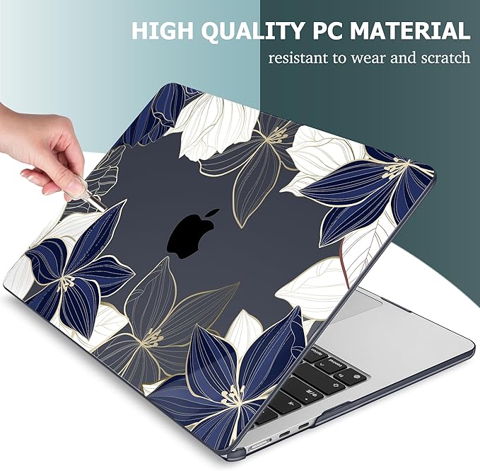 Mektron for 2025 M4 MacBook Air 13.6 Inch A3240 Case Fits 2023 A2681 M2 2024 A3113 M3 Chip with Liquid Retina Display Touch ID, Printed Plastic Hard Shell Cover for MacBook Air 13.6", Gold line Lily