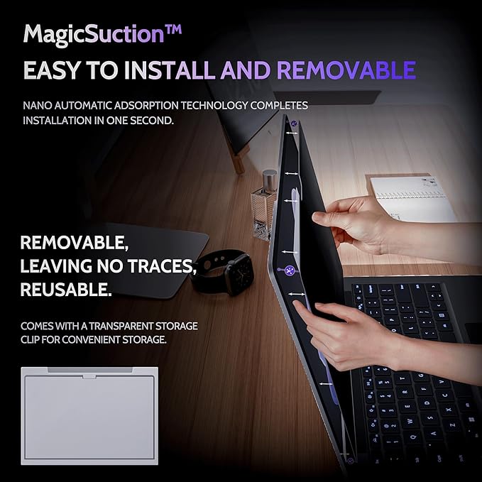 Privacy Screen for 15 Inch Surface Laptop 6/5/4/3/2/1, MagicSuction™ Removable Anti Spy Black Protector, Glare Blue Light Filter for Microsoft Laptop Computer Monitor