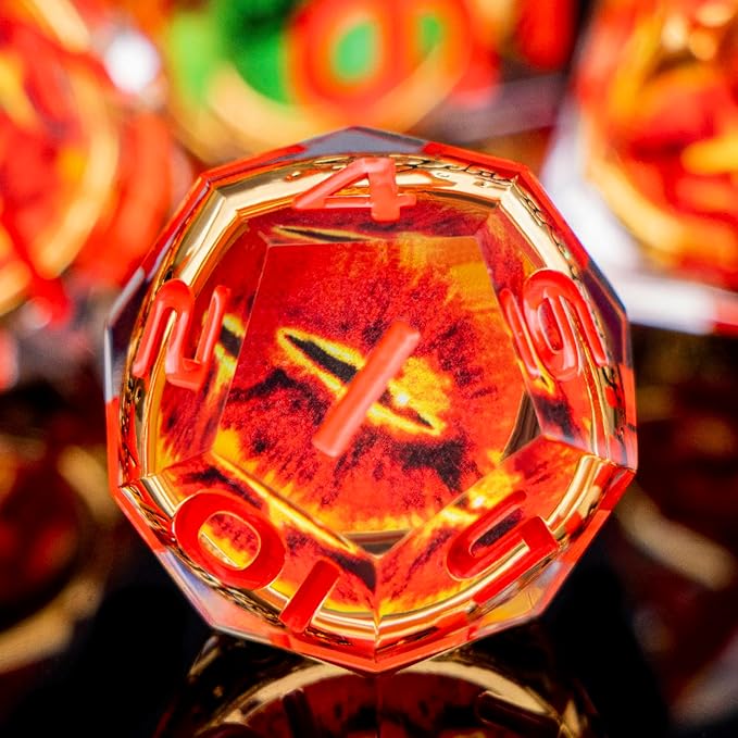 Magic Golden Ring DND Dice Set Sharp Edge Red Gaze Eye Resin Dice with Box, for use with RPG D&D Tabletop Games Lord D and D Polyhedral Dice Set