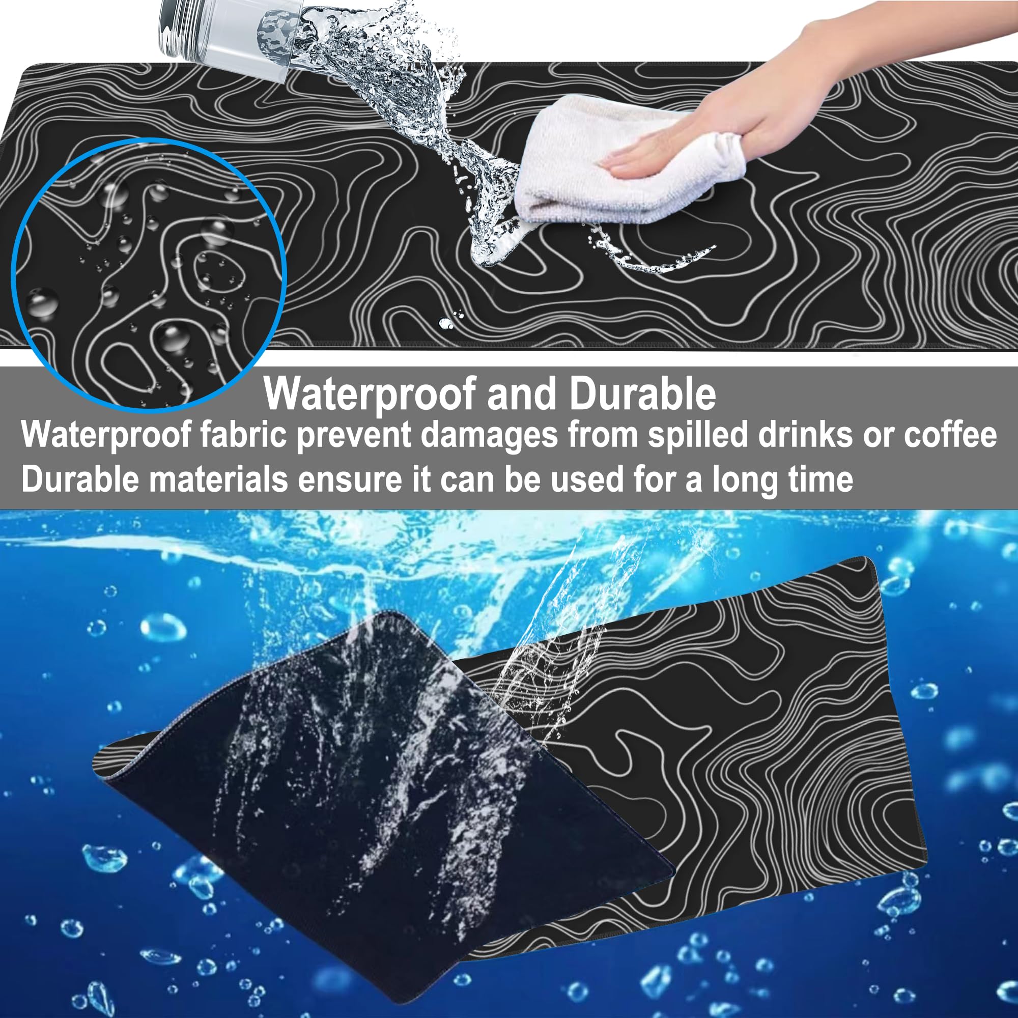 Mouse Pad, Large Mountain Topographic Terrain Map Desk Mat, Extended Non-Slip Gaming Keyboard Mousepad Desk Pad, Thick Stitched Edges Waterproof Mouse Mat 31.5"x15.7" (White Topographic Line Art)