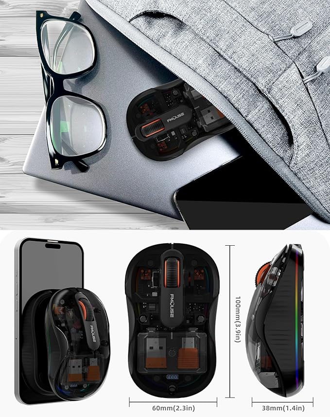 Bluetooth Wireless Mouse, Transparent RGB Tri-Modes Mouse,Bluetooth & 2.4GHz for Multi Device, USB-C Receiver Ideal for MacBook/Laptops, Rechargeable, Silent, Portable, Cool LED, Ergonomic - Black