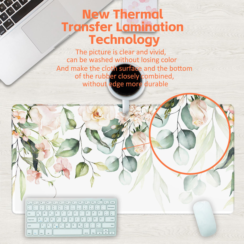 KOAIWPAE Desk Mat, Watercolor Pink Flowers Desk Pad, Green Leaves Flowers Large Gaming Mouse Pad for Desk, 31.5"x15.7" Extended Big Computer Keyboard Mouse Pad with Non-Slip Base and Stitched Edge