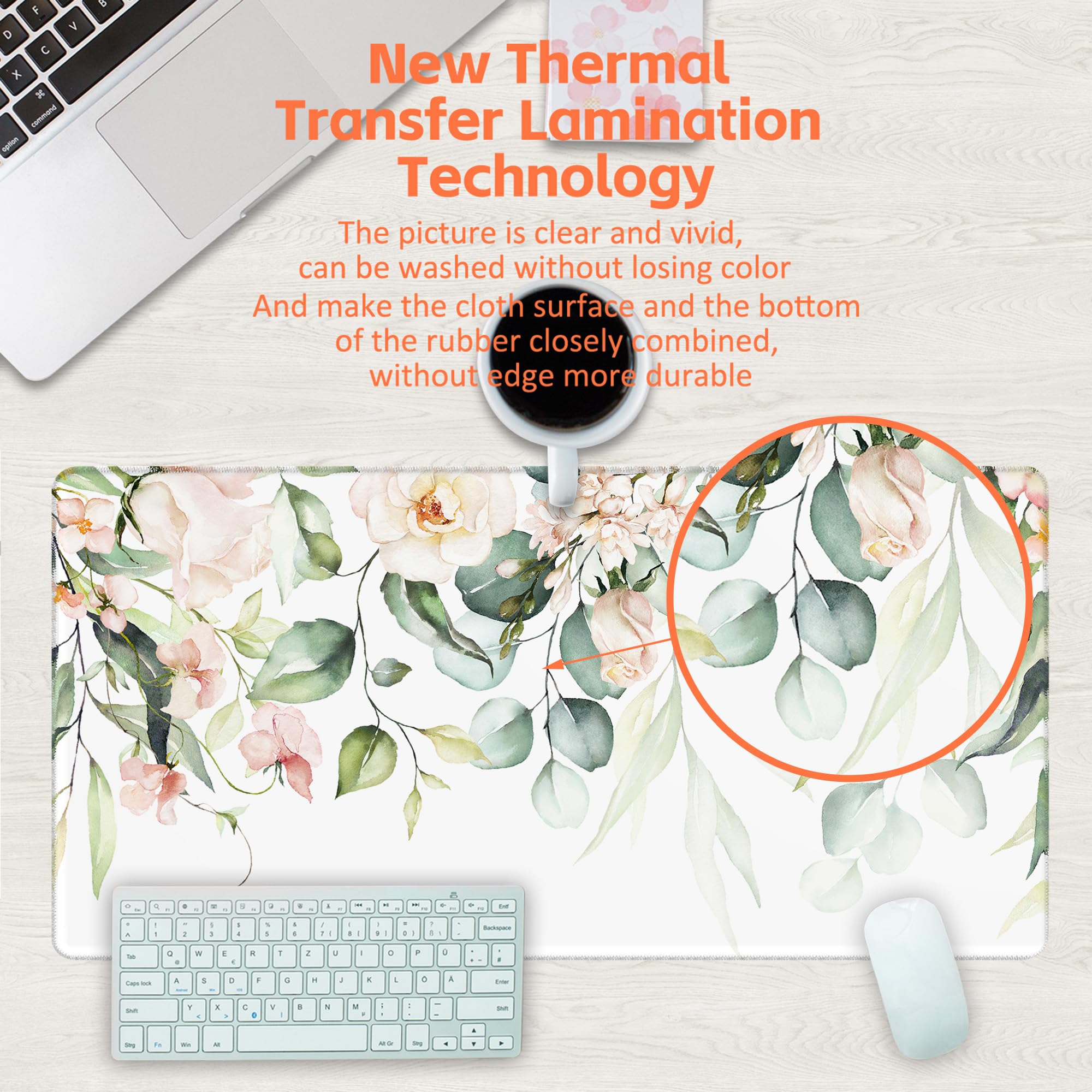 KOAIWPAE Desk Mat, Watercolor Pink Flowers Desk Pad, Green Leaves Flowers Large Gaming Mouse Pad for Desk, 31.5"x15.7" Extended Big Computer Keyboard Mouse Pad with Non-Slip Base and Stitched Edge