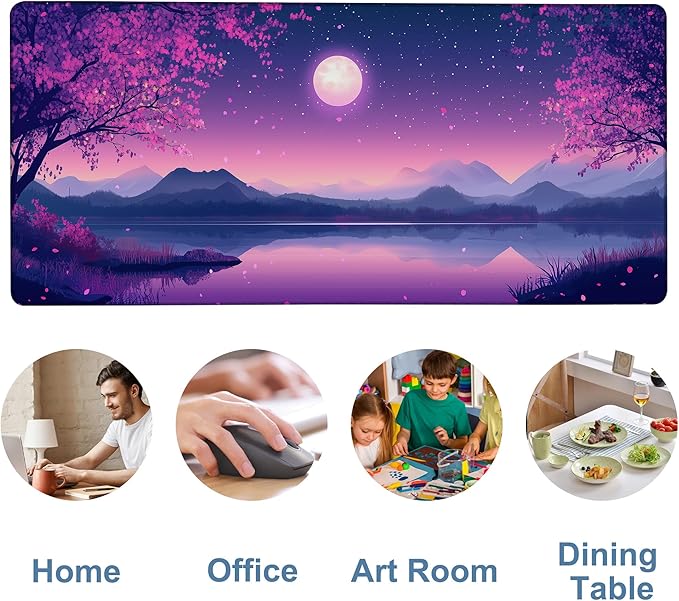 Gaming Desk Pad Large Extra Length Starry Sky Full Moon Mouse Pad Keyboard Laptop Non-Slip Waterproof with Rubber Base Thick Stitched Edge Mouse Mat for Office Home 35.4 x 15.7 Inches