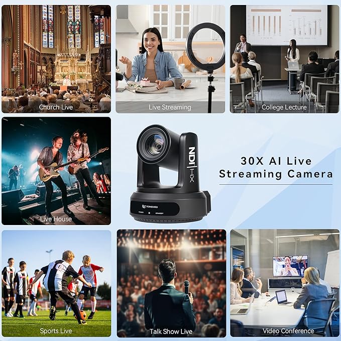 NDI AI Auto-Tracking IP PTZ Camera SDI/HDMI/USB3.0/LAN PoE 30X Optical + 16X Digital Zoom 1080P 60fps for Live Streaming Church Services Education Video Conference with OBS vMix and More