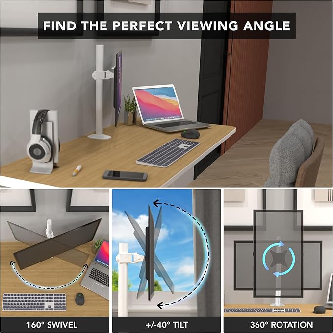 Mount-It! White Single Monitor Stand – Adjustable Desk Arm for Computer Screens – VESA Compatible Holder Up to 32" 19.8 lbs – 360° Rotation, 160° Swivel, 40° Tilt – Space-Saving Clamp & Grommet Base