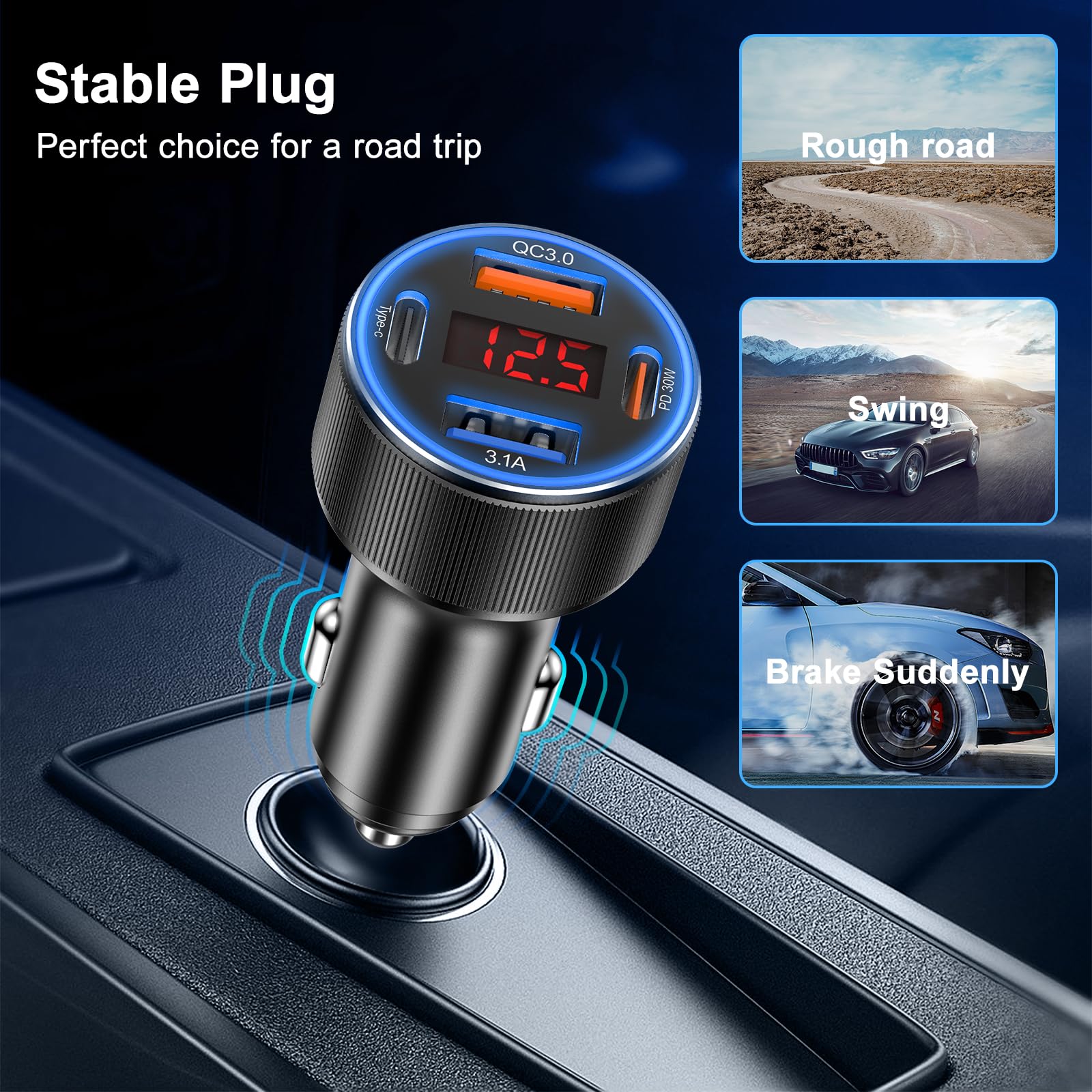 Car Charger USB C, Besgoods 4 Ports Cigarette Lighter USB Charger USB C Car Adapter PD/QC Fast Charging with Voltmeter for iPhone 17 16 15 14 13 12 Galaxy S24 S23 A54 A16 Android Dash Cam, 2Pack