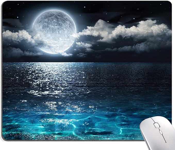 Mouse Pad, Ocean and Moon Mouse Pad, Square Waterproof Mouse Pad Non-Slip Rubber Base MousePads for Office Laptop, 9.5"x7.9"x0.12" Inch(Ocean and Moon)