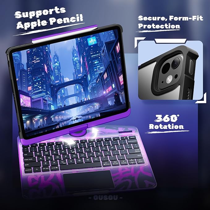 KITONE Transparent Case with Wireless Keyboard only for 2024 iPad Pro 11-in.(M4), 7 Colors Backlight, Trackpad, 360°Rotating Stand for iPad Pro 11(5th Gen), Tech Style