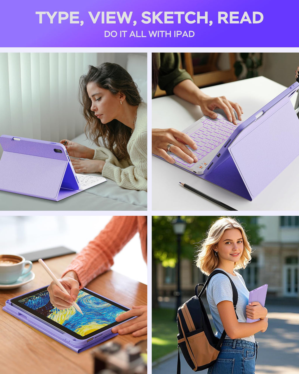 Senyoson for iPad A16 Case with Keyboard - 7 Color Backlit Magnetic Wireless Detachable Folio Keyboard Cover with Pencil Holder for iPad 11th 10th Generation, Purple