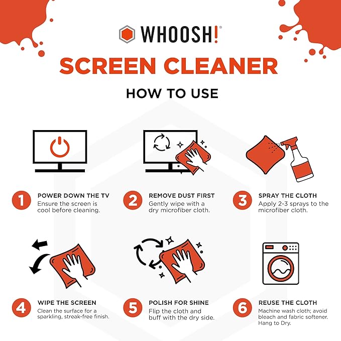 WHOOSH! Screen Shine Pro 16.9 fl oz Refillable TV Screen Cleaner with Microfiber Cloth - Streak-Free Cleaner for Flat Screen, OLED TV, LCD, Smart TV, and Monitors - Non-Toxic and Odorless Formula