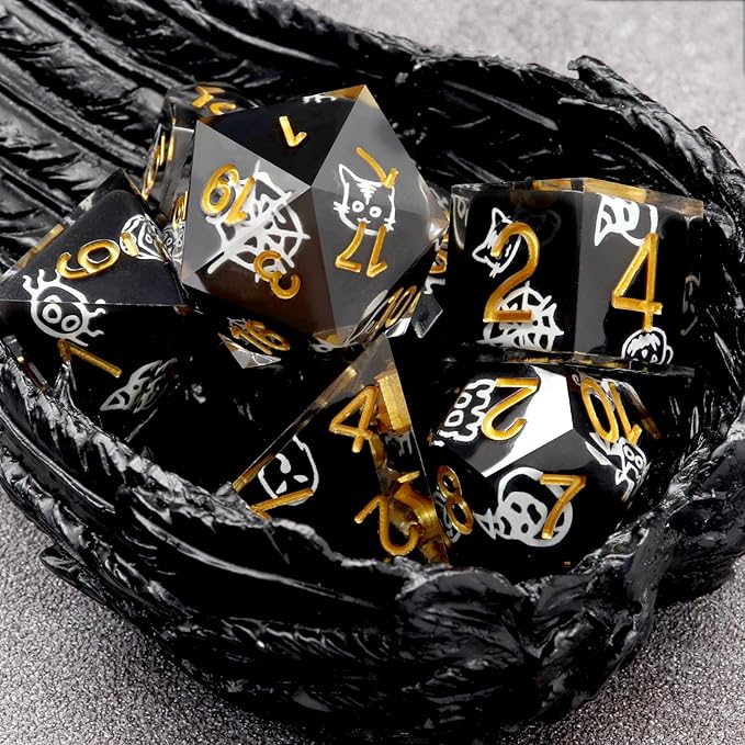 Haxtec Sticker Sharp Edge Dice Halloween Dice Resin DND Dice Set 7PCS Glow in The Dark Polyhedral D&D Dice for Compatible with Dungeons and Dragons