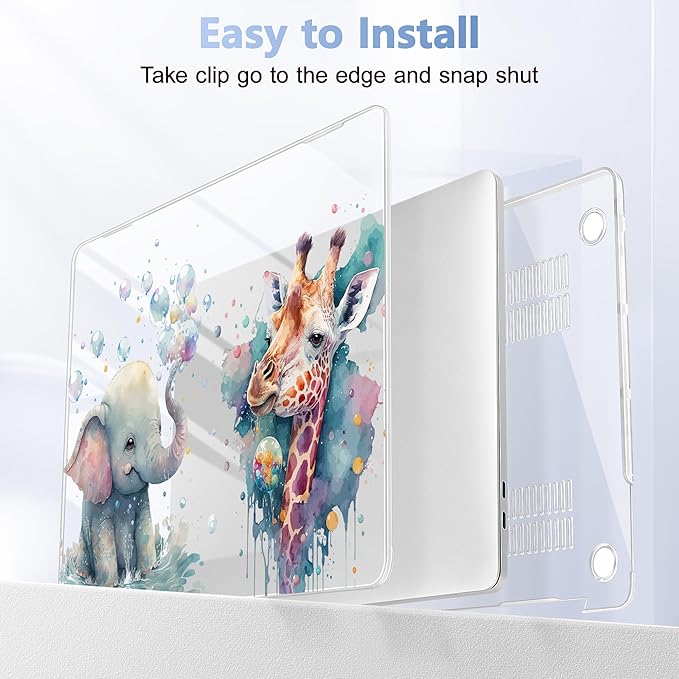 Case for MacBook Pro 13 inch with/Without Touch Bar (2016-2022, M2 A2338 M1 A2289 A2251 A2159 A1989 A1706 A1708), Hard Shell + Keyboard Cover + Dust Plug - Elephant & Giraffe