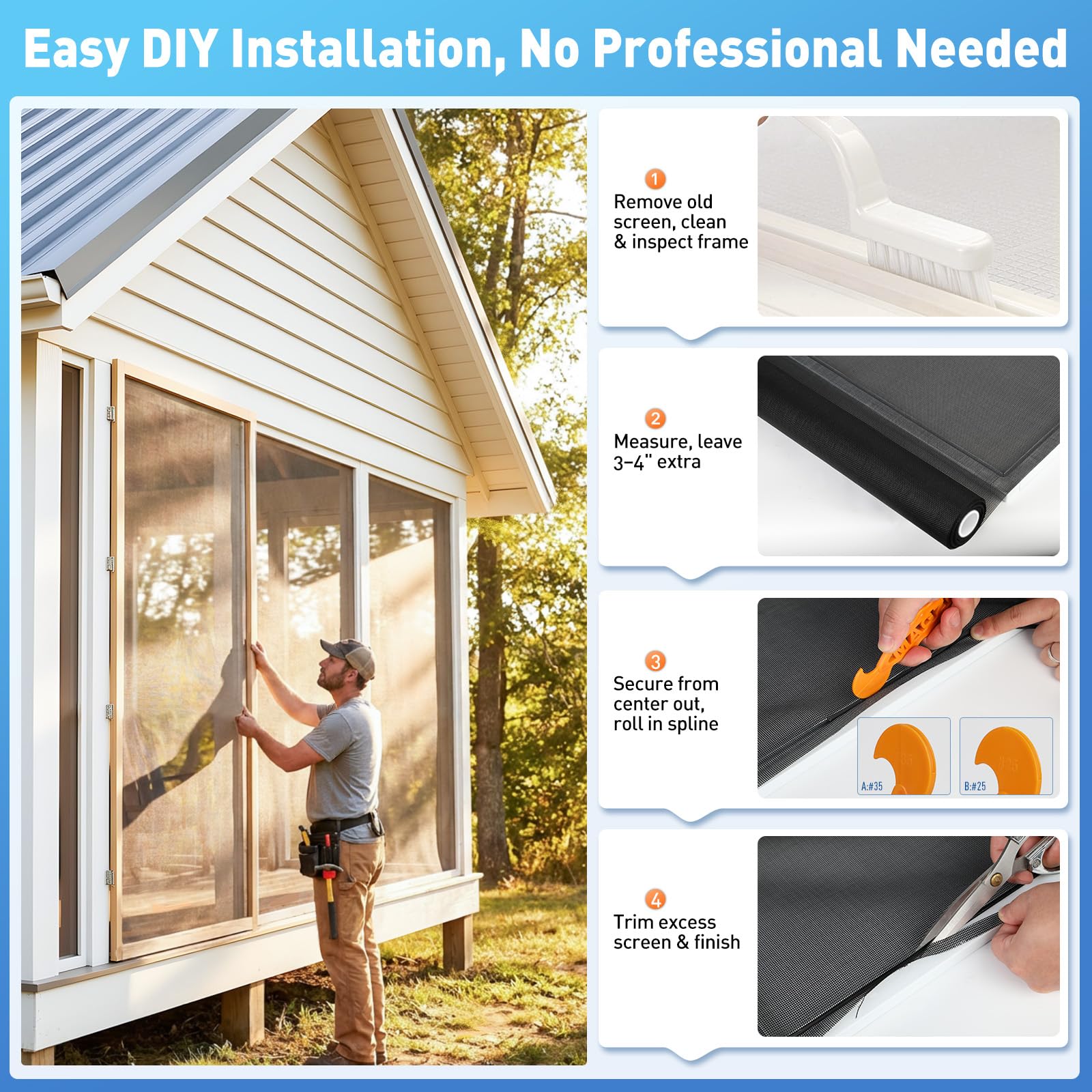 MAGZO Heavy-Duty Window Screen Mesh, Screen Replacement for Windows & Doors, 48"W x 99"L