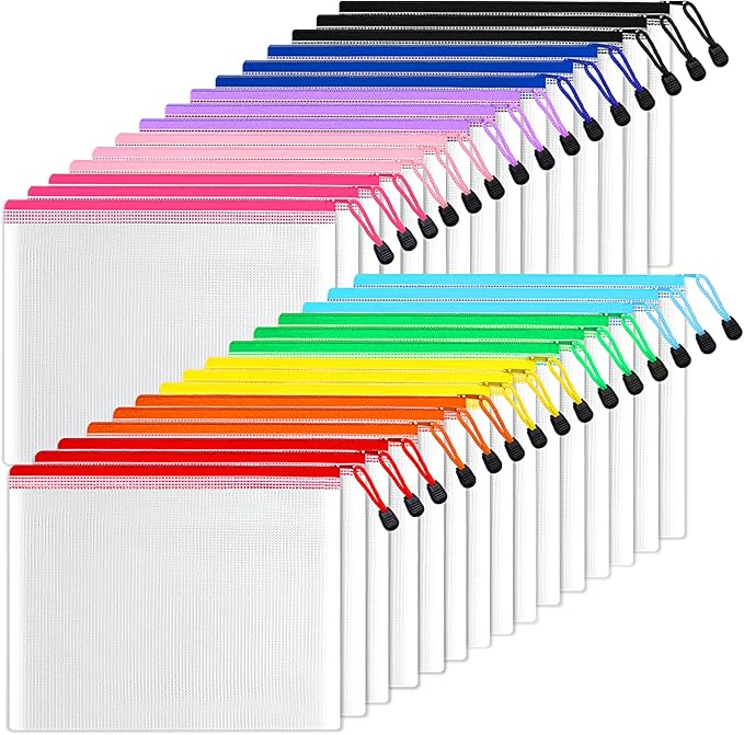 SUNEE Mesh Zipper Pouch 6x9 in (10 Colors, 30 Packs), Mesh Bags with Zipper for School Office Supplies, Puzzles & Games, Travel Accessories, Waterproof Zipper Pouches for Organizing