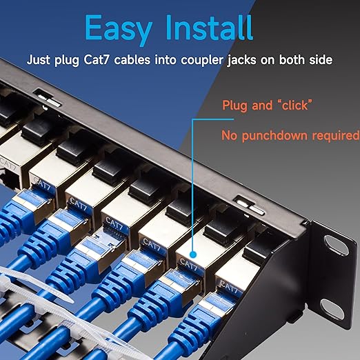 Lysymixs 24 Port RJ45 Patch Panel Cat7 STP Feed Through, Coupler Network Panel 19 Inch, Inline Keystone Ethernet Patch Panel with Back Bar
