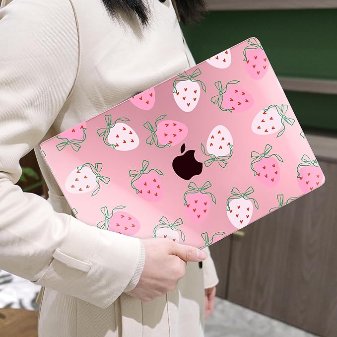 MEEgoodo for M4/M3/M2 MacBook Air 15.3 inch Case 2025 2024 2023, Case Fit Model (A3241/A3114/A2941) for MacBook Air 15 inch, Laptop Hard Shell with Keyboard Cover, Strawberry & Bow
