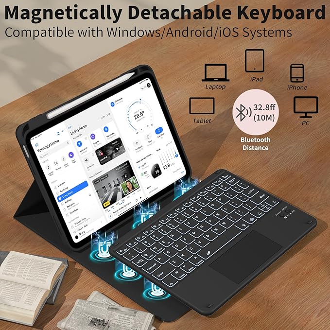 JKSML for iPad(A16) 11th/10th Generation Case with Keyboard (11/10.9 inch) 2025/2022, 7 Color Backlight Detachable Bluetooth Cover with Trackpad, Flip Stand Case Thin with Pencil Holder, Black