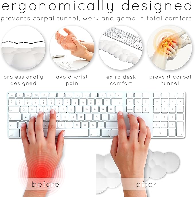Qloud Cloud Wrist Rest Keyboard Wrist Rest for Computer Keyboard Pad, Cloud Keyboard Wrist Rest, Wrist Pad for Keyboard, Memory Foam, Non Slip Base, Comes with Mouse Pad - Soft Gray