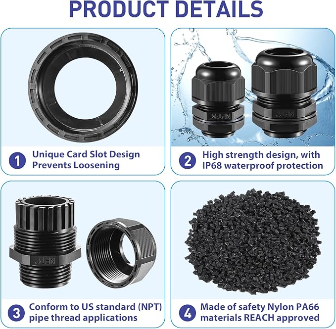 25 PCS 1/4"(4-8mm) NPT Nylon Cable Gland Joints with Gaskets, IP68 Adjustable Lock Nut Strain Relief Cord Grip Waterproof Cable Glands - UL Listed and RoHS Compliant