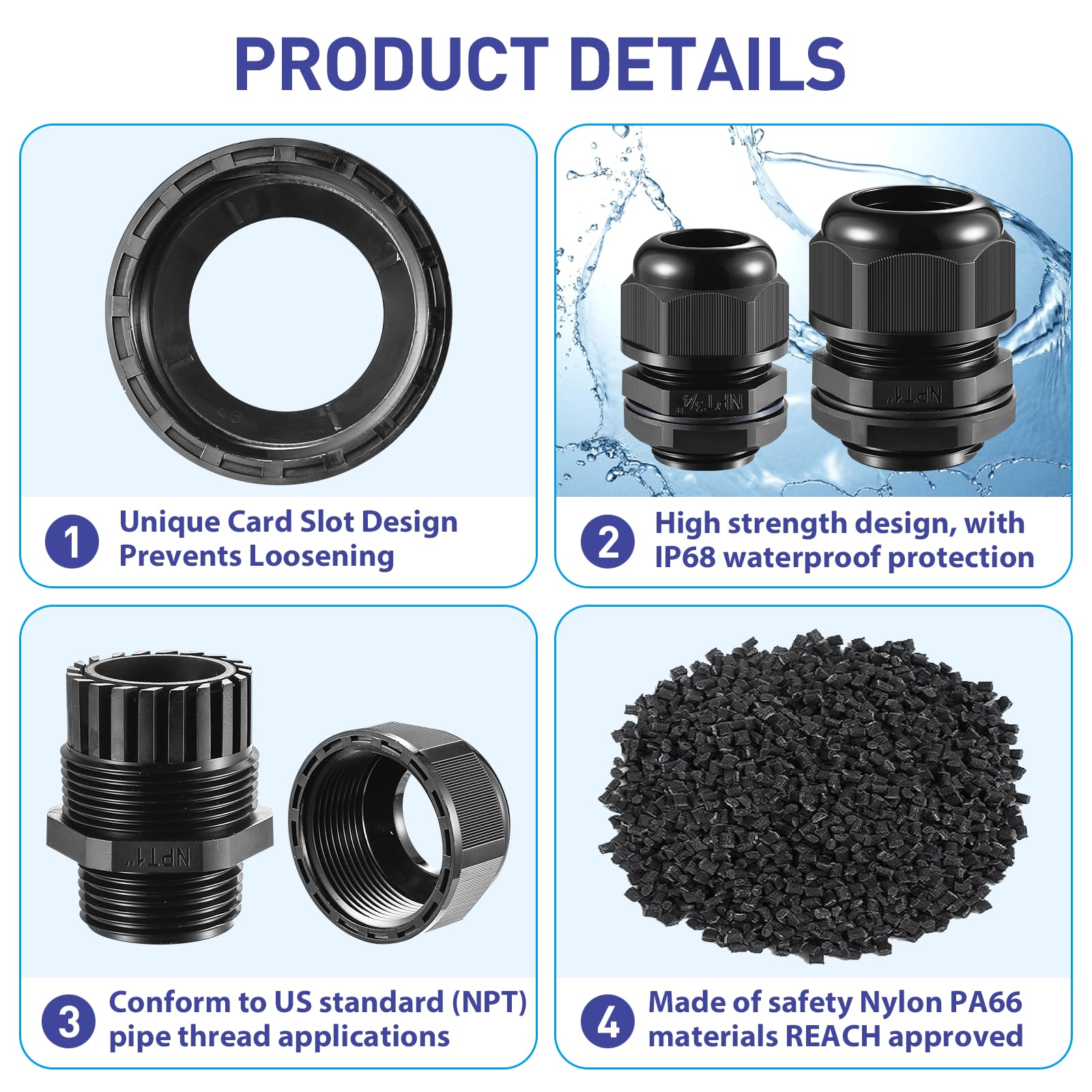 RTHIEAI 50 PCS 1/4"(4-8mm) NPT Nylon Cable Gland Joints with Gaskets, IP68 Adjustable Lock Nut Strain Relief Cord Grip Waterproof Cable Glands - UL Listed and RoHS Compliant