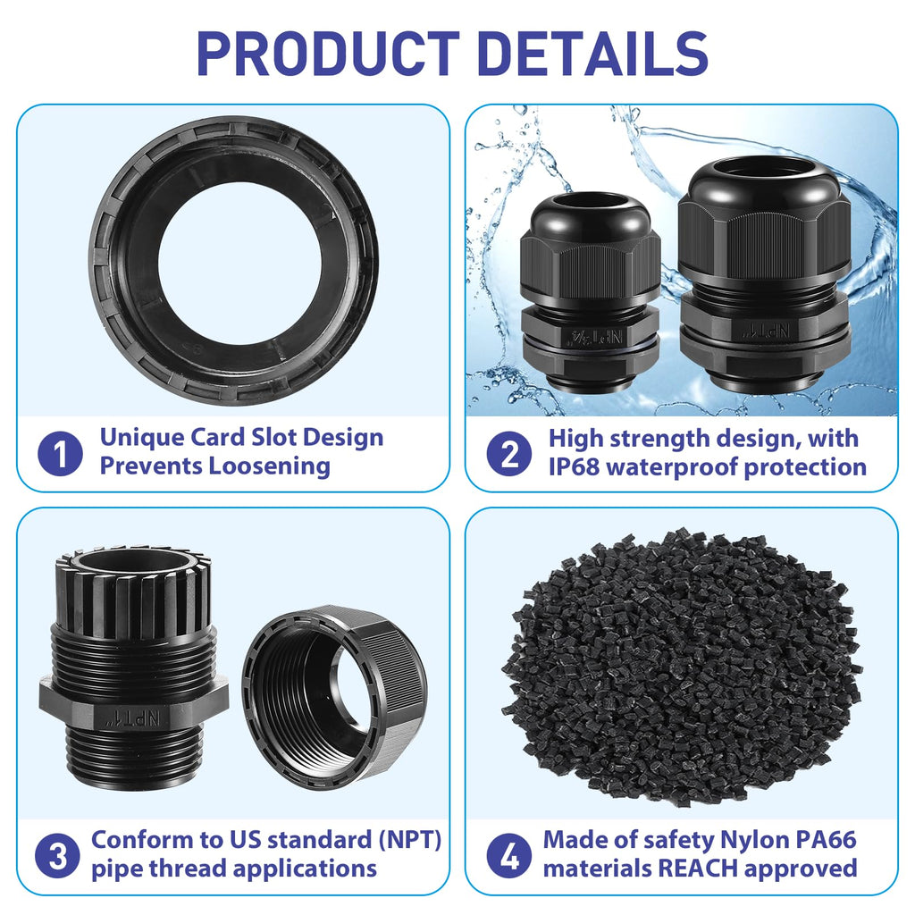 RTHIEAI 50 PCS 1/2"(6-12.5mm) NPT Nylon Cable Gland Joints with Gaskets, IP68 Adjustable Lock Nut Strain Relief Cord Grip Waterproof Cable Glands - UL Listed and RoHS Compliant