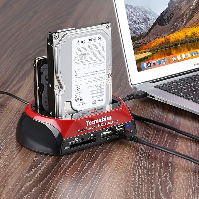 Hard Drive Docking Station, TCC-S862-US USB 2.0 to 2.5 3.5 Inch SATA IDE Dual Slots External Enclosure with All in 1 Card Reader and USB 2.0 Hub for 2.5" 3.5" IDE SATA I/II/III HDD SSD