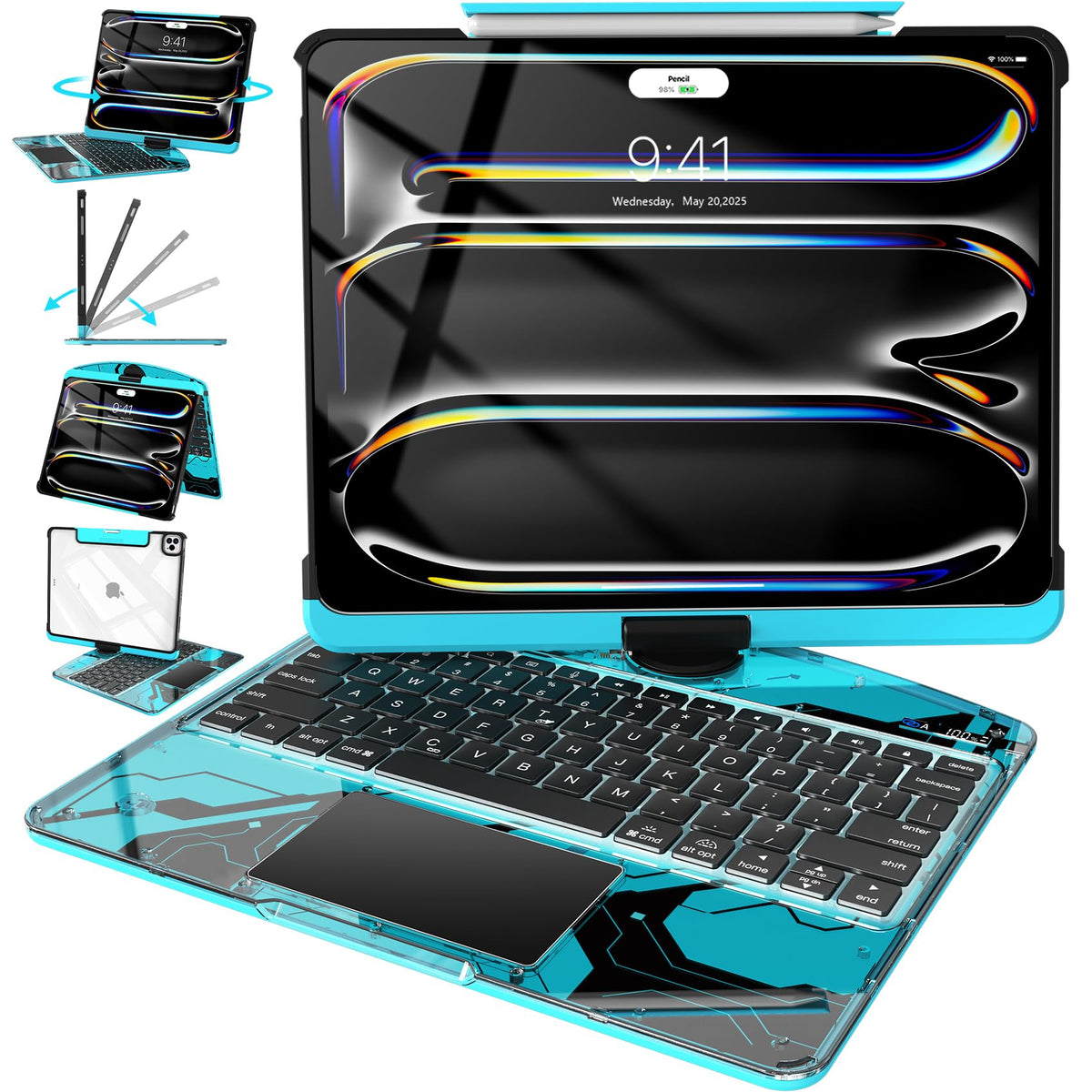 Intermerge Transparent Keyboard Case for iPad Pro 13"(M5,2025/ M4,2024), 360° Swivel Multi-Touch Trackpad, 7-Color RGB Backlit, Pencil Holder, Type-C, Power Indicator, Aqua Pulse