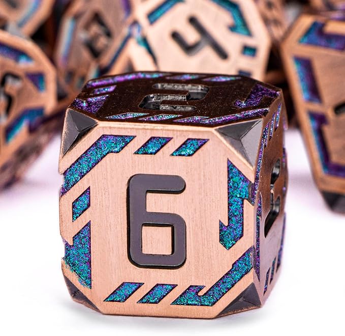 Metal DND Sci-fi Dice Set 7PCS Stripe Polyhedral Dice for Dungeons Dragons RPG Role Playing Game, Glitter D and D Dice with Gift Box D6 D8 D10 D12 D20 (Ancient Bronze&Green Purple)