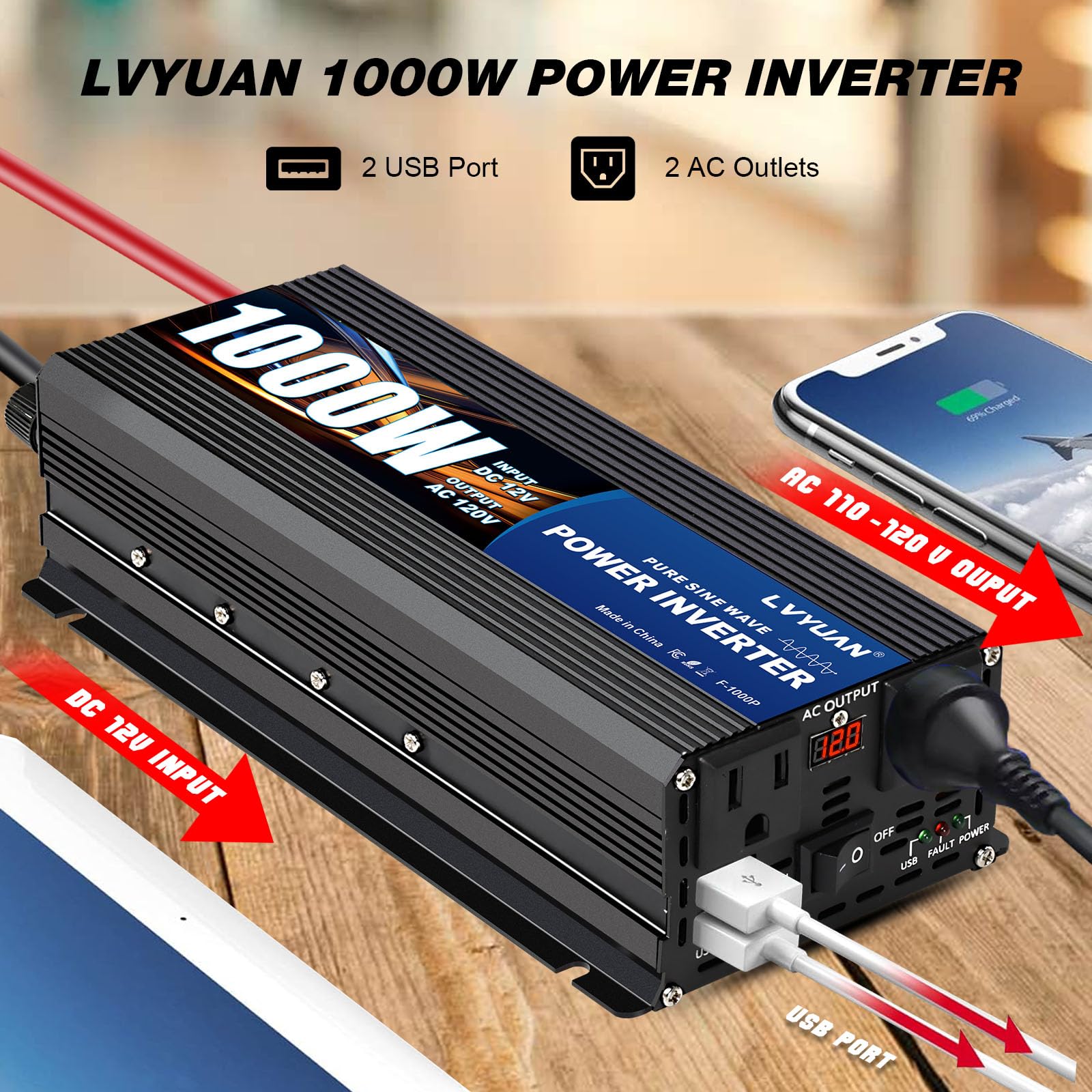 LVYUAN 1000W Pure Sine Wave Inverter 12V to 110-120V, Dual AC, USB, LED