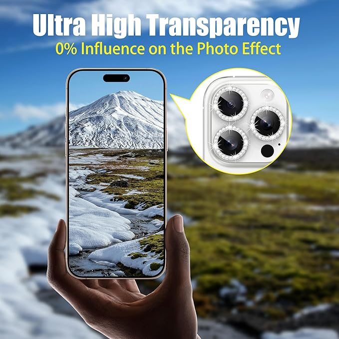 AGVEE 3+3 6 Pack for iPhone 16 Pro 6.3" / 16 Pro Max 6.9" Camera Lens Cover Protector, Bling Diamond & Bling Glitter Metal Ring 9H Tempered HD Glass Camera Cover Protector Film, Bling-Silver