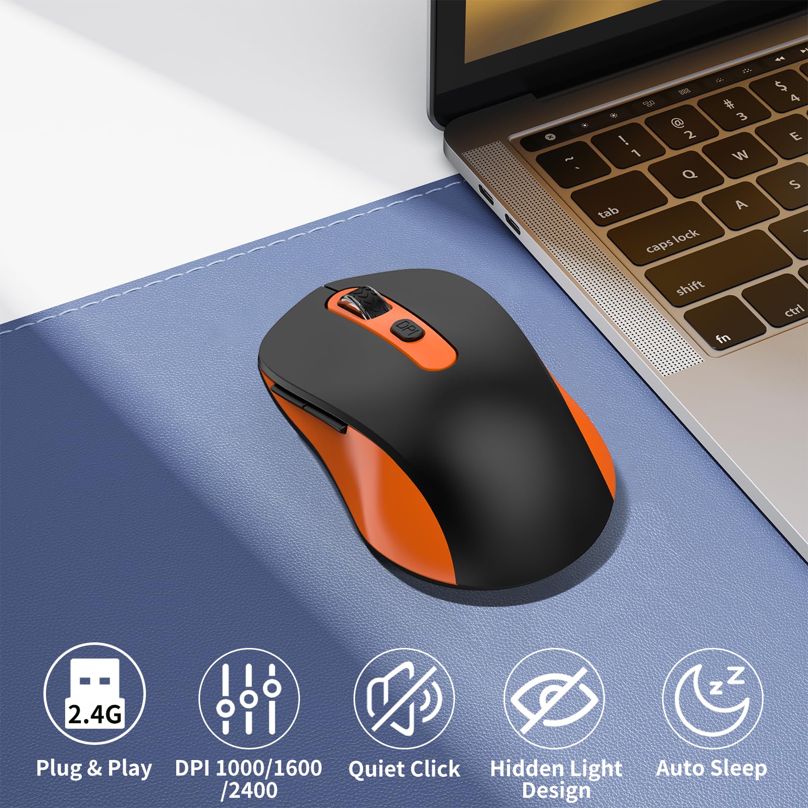 Wireless Mouse for Laptop, PC, Chromebook, Mac, MacBook, Silent Mouse with USB Nano Receiver, Side Button, 2400 DPI, Anti Slip Roller, 6 Button Ergonomics Cordless Computer Mice - Black Orange