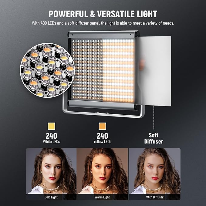 Neewer 2 Pack Dimmable Bi Color 480 LED Video Light Kit with Two 75" Tripod Stands/U Bracket, 3200K-5600K CRI96+ LED Panel Light for YouTube Recording Studio Photography Streaming Key Lighting