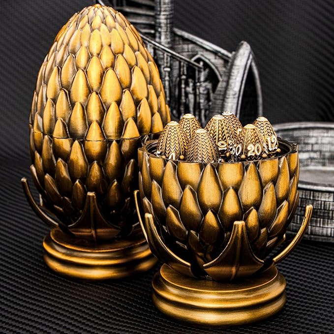 ARUOHHA DND Metal Dice Antique Gold Dragon Egg Dice with Rotating Dragon Egg Shell, Role Playing Game RPG Polyhedral D and D Dice Set D20 D12 D10 D8 D6 D4