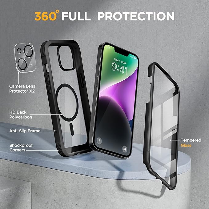 Miracase for iPhone 14 Case 6.1'', [Bubble Free] Full-Body Bumper Phone case with Built-in Full Glass Screen &Lens Protector,No Gap,Compatible with MagSafe,Drop Proof 14 Cover,Black