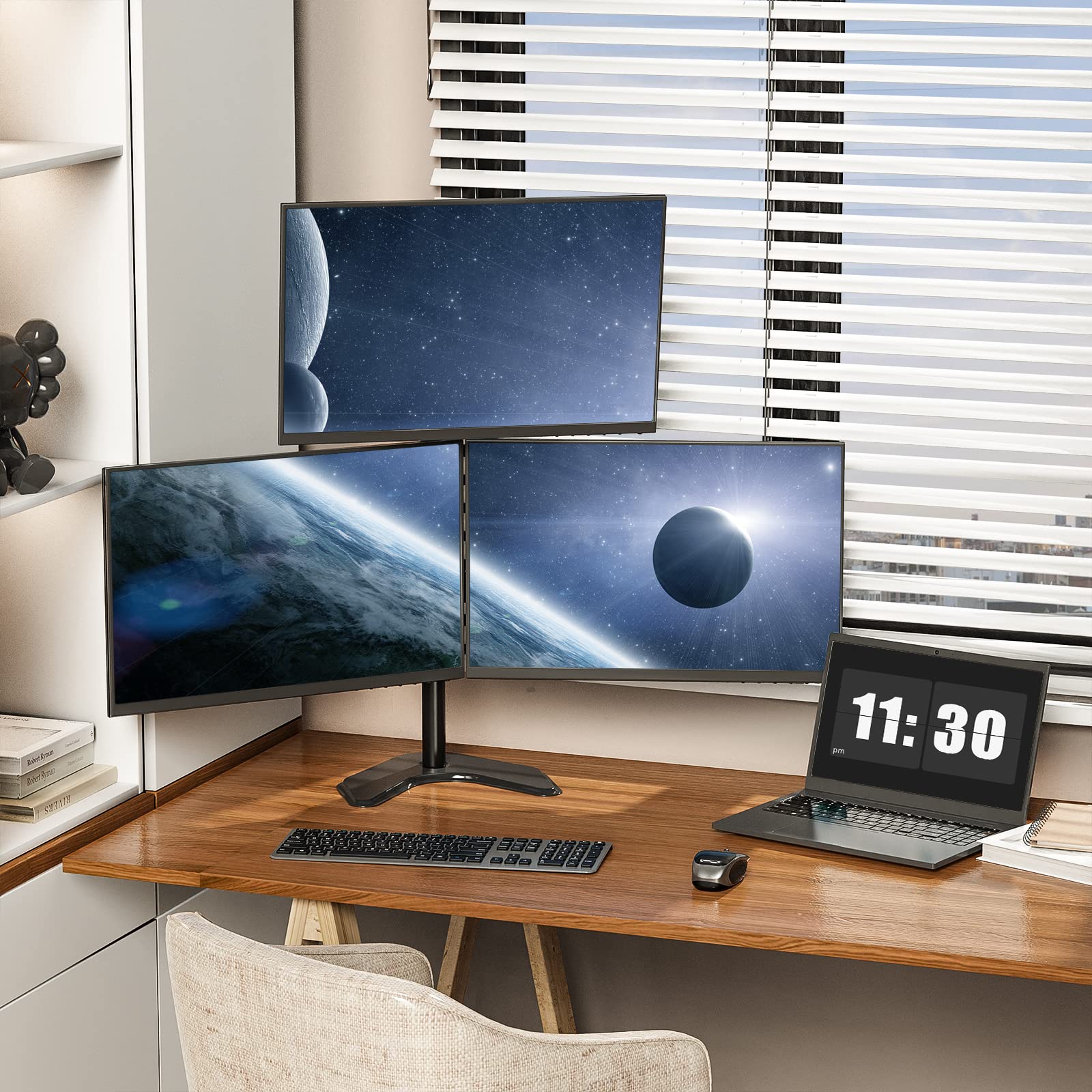 WALI Triple Monitor Stand, Free Standing Three Monitor Desk Mount Fully Adjustable, Fits 3 Screens up to 27 inch, 22 lbs Weight Capacity per Arm (MF003S), Black
