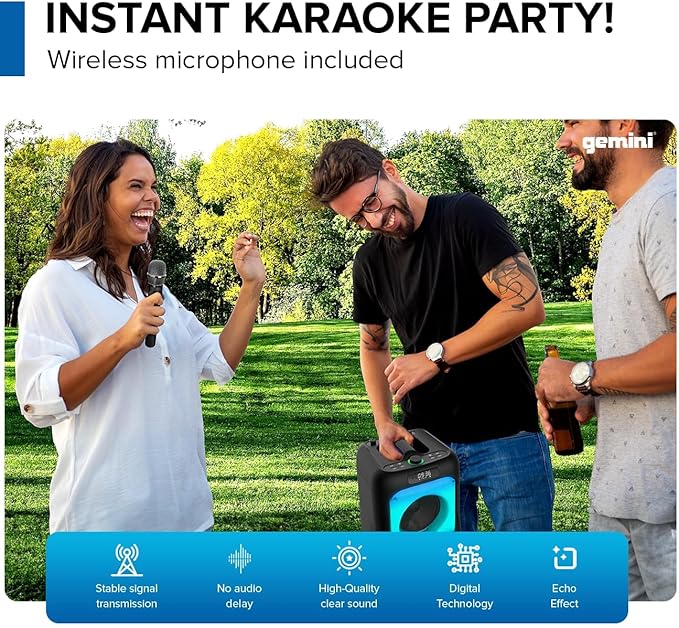 Gemini 200W Portable Bluetooth Party Speaker with Dual 6.5" Woofers, LED Lights, Wireless Mic, 9Hr Battery Play Time, TWS Pairing & USB Playback (GGO-2650L)