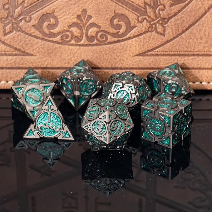 Green Black Nickel Finish Heavy Metal DND Dice Set (Ranger) with A Metal Box, Sharp Edge Zinc Alloy D&D Accessories, D4-D20, Designed for Dungeons & Dragons Master, RPG Player, Starter