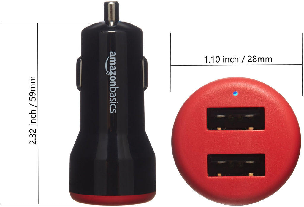 Amazon Basics 24W Dual USB Car Charger for Phones, 2-Port USB-A with LED Indicator, Small Size, Low Profile, Compatible with iPhone 16/15/14/13/12/11/X, Samsung, and more, Black/Red