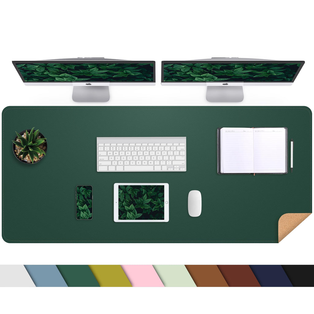 AFIING Leather Desk Pad Protector, Large Desk Mat with Natural Cork & PU Leather, Mouse Pad, Non-Slip, Waterproof Desk Writing Pad for Office and Home (Dark Green)