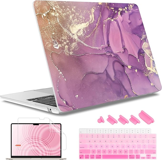 May Chen for MacBook Air 13.6 inch Case A3240 M4 A3113 M3 A2681 M2 with Retina Dispaly, 2025 2024 2023 2022 Release, Plastic Hard Shell Case with Screen Protector & Keyboard Cover, Purple Marble