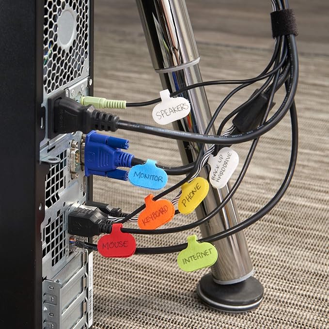 Wrap-It Storage - Cable Labels - Oval, Multi-Color (36 Pack) - Write-On Wire Tags for Cord Identification with Power Strips Behind Desks and TVs